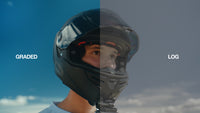 Graded vs LOG — helmet close-up